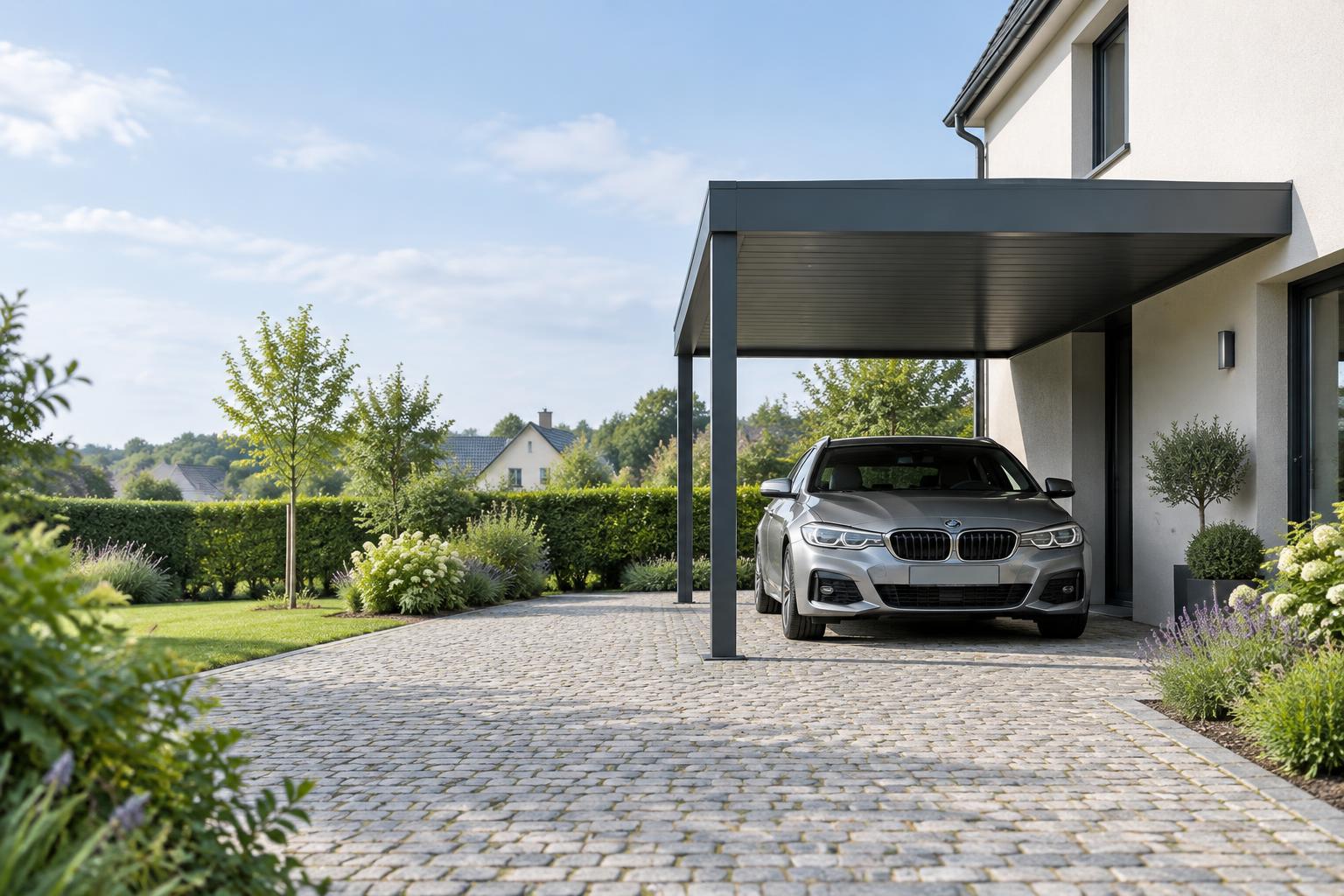 Carport contemporain protégeant une voiture devant la maison