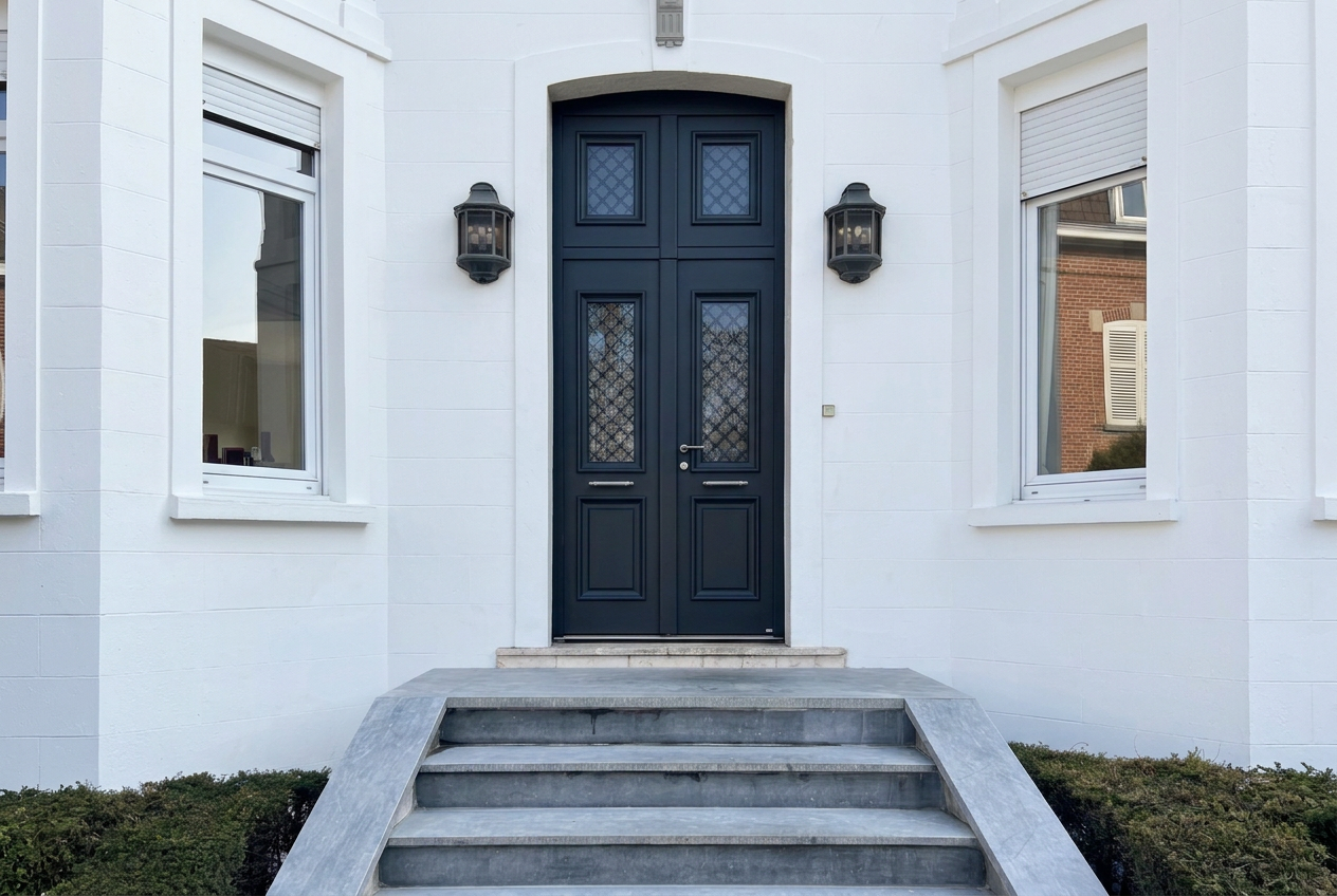 Porte d’entrée double bleu nuit avec vitraux décoratifs, posée par VITREC sur une façade blanche
