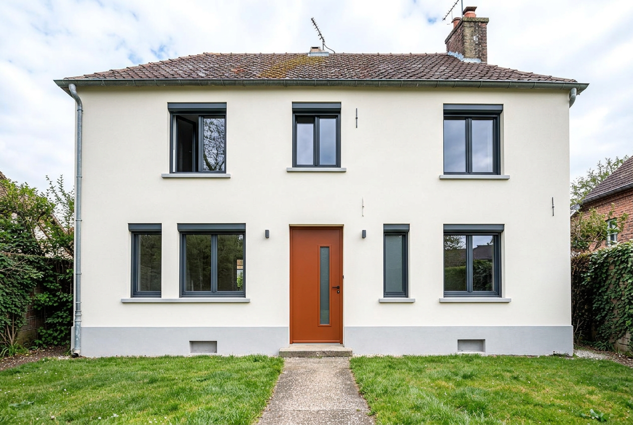 Même maison avec crépi clair, fenêtres anthracite et porte orange