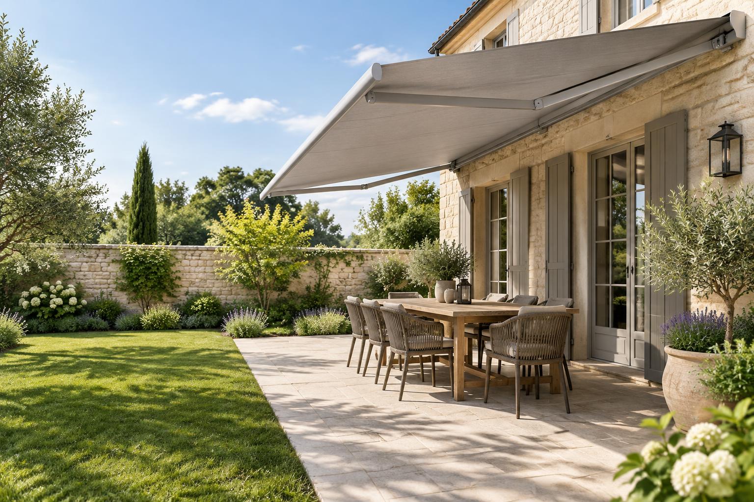 Store banne élégant ouvert sur une terrasse aménagée